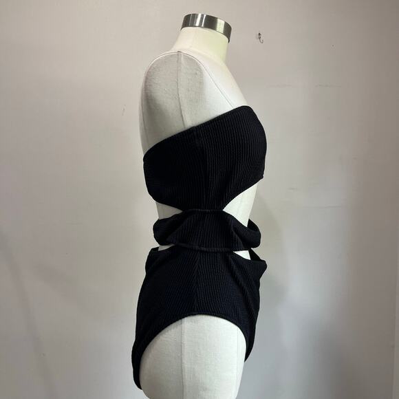 Aerie Black Ribbed One Shoulder One Piece Swimsuit Cutout Size XL - Picture 3 of 7